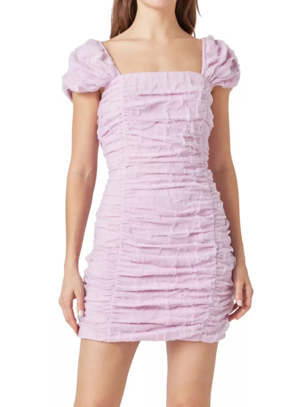 NWT Endless Rose Pastel Lilac Ruched Puff Sleeve Mini Dress Small